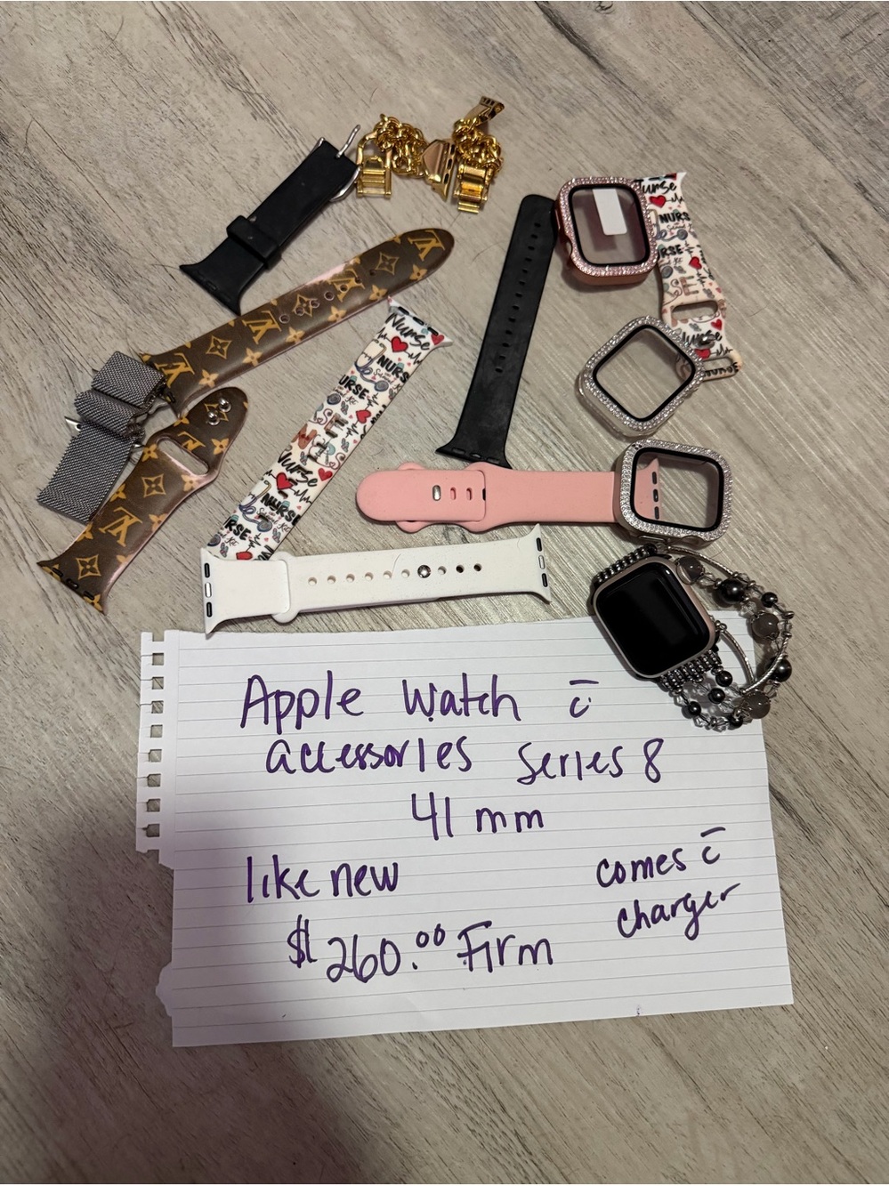 Apple Watch with Pink, White, Black, Brown & Gold Accessories